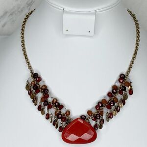 Chicos Dark Red Orange Beaded Gold Tone Statement Necklace ✨
